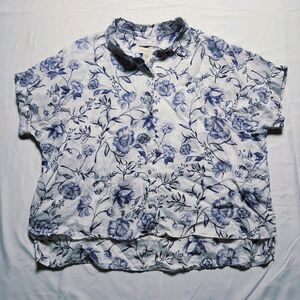 Cynthia Rowley Womens Medium 100% Linen Flora Button Shirt White Blue